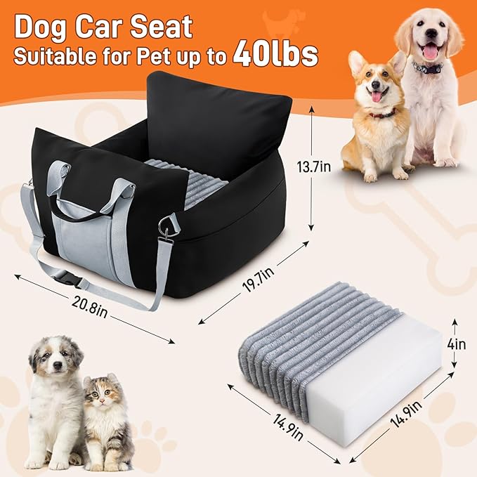 Waterproof Dog Car Seats for Small Medium Dogs, Dog Booster Seat 4in Memory Foam Pet Car Seat up to 40 lbs with Pockets, Travel Pet Car Seat with Detachable Washable Cover and Cushion