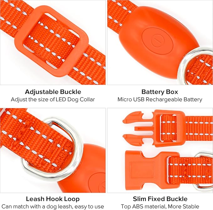 BSEEN Light Up Dog Collar, Rechargeable LED Dog Collar Glowing Cat Collars Reflective Puppy Collar Safety Dog Lights for Night Walking(Orange, XS)
