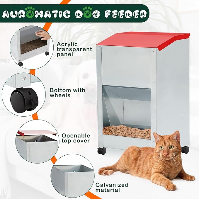 15 lb Automatic Dog Feeder for Large Breed with Wheels Galvanized Gravity Dog Food Dispenser Outdoor Pet Self Feeding, Easy to Move with Rolling Wheels