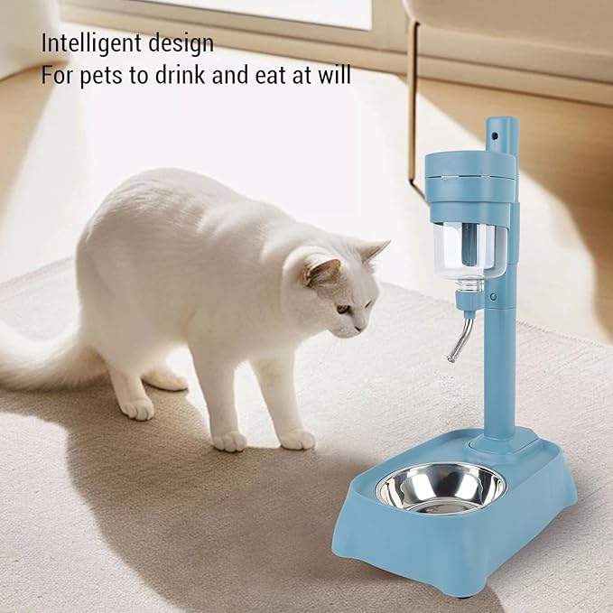Pssopp Automatic Pet Standing Water Dispenser, Anti Spill Height Adjustable Cat Dog Water Feeder Bottle with Stainless Steel Bowl for Puppy Dog Cat(500ml Grey) (Lake Blue)
