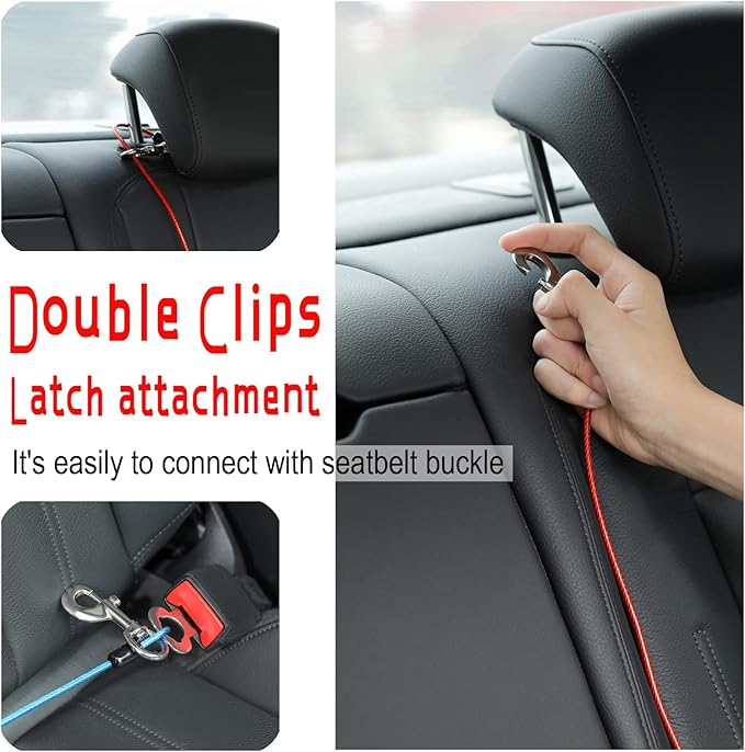 Dog Seat Belt Harness for Car,2pcs Dog Seatbelt of Coated Wire Leash Safety Restraint,No Chew Tether Cable Vehicle Dogs Accessories,Double Clips & Latch (Black, 24 inch/60 CM)