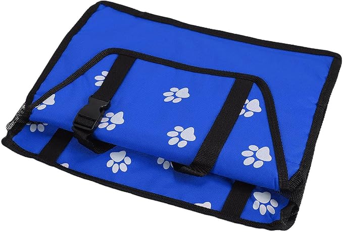 Pet Carrier Cage Dog Car Seat Bear Pattern Washable Foldable Pet Safety Travel Seat with Support Rod for Cars Oxford Cloth Material (Blue paw Print Support Stick Style)