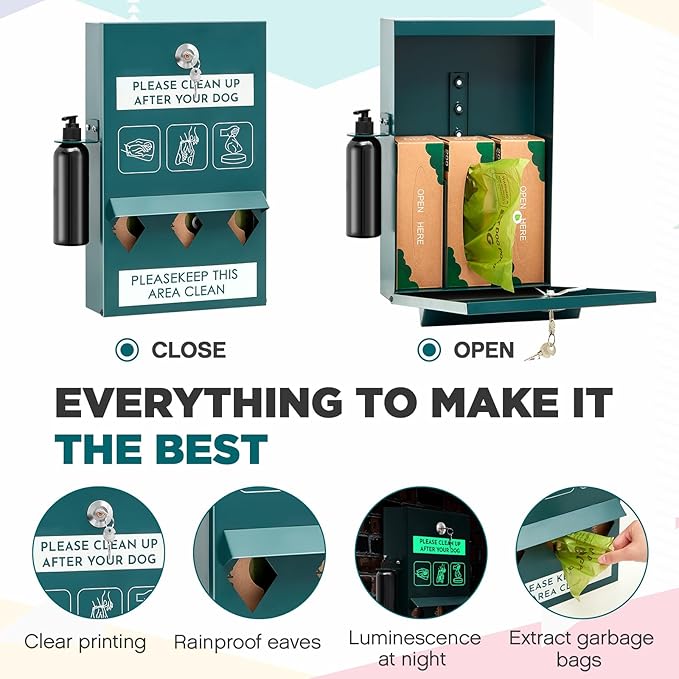 Pet Waste Station, Includes 600 Roll Bags, Dog Waste Station with Foot Pedal, Dog Poop Sign, Bag Dispenser, Hand Sanitizer Bottle and Covered Outdoor Trash Can for Parks, Trails Outdoor