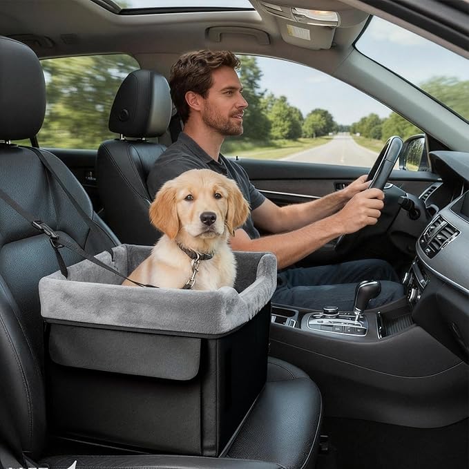 Portable Puppy Booster, Washable Car Seat for Dogs, Plush Travel Lounger with Storage Pockets, Comfortable Vehicle Bed for Small Dogs, Pet Car Seat with Soft Cushion Pet Gear for Front Back Center