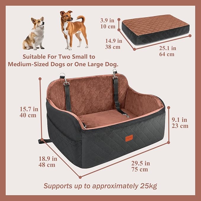 Dog Car Seat for Medium & Large Dogs Under 55 lbs, Memory Foam Dog Booster Seat for Back Seat, Detachable & Washable Pet Car Bed with 2 Safety Leashes and Storage Pockets, Large (Black/Brown)