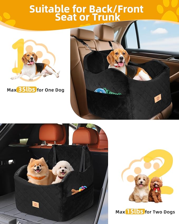 Car Seat Booster for Dog: High-Support Memory Foam Pet Car Seat for Small/Medium Dogs Under 35lbs with Elevated Cushion - Detachable Washable Puppy Travel Bed for Driving with Pockets