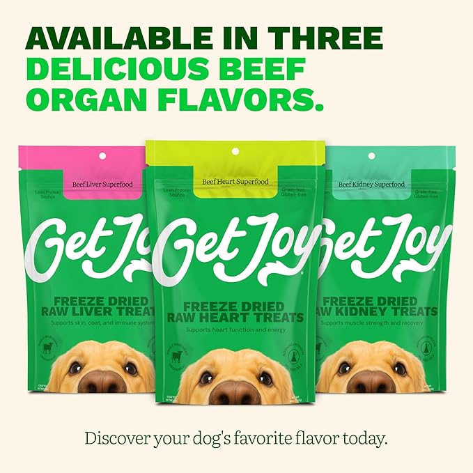 Get Joy Freeze Dried 100% Beef Heart Dog Treats, 4oz | Single Ingredient Organ Meat, High Protein Raw Dog Food Topper, Snack & Training Rewards | Grain Free, Gluten Free, Filler Free
