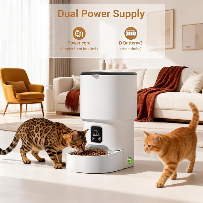 4L Automatic Pet Feeder for Cats & Small Dogs – Programmable Timed Food Dispenser – Portion Control for 1-6 Daily Meals – Dual Power – Stainless Steel Bowl – Dampness-Proof, Easy Clean