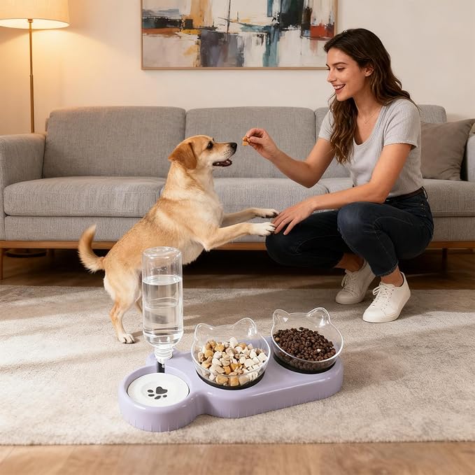 Dog Feeders Automatic Anti-Tip Bowls - 15 Degree Tilted Dogs Feeder Set | for Doggy Puppy Kitten Medium Large All Breeds Home Night Balcony Long Trips Indoor Daily