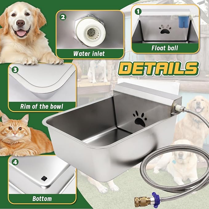 5.5Gal/20L Large Automatic Dog Water Dispenser,Stainless Steel Waterer Feeder Large Water Bowl for Pets & Livestock,Water Auto Fill Waterer with Float Valve Hose Quick Connector,Fit GHT 3/4" Faucet