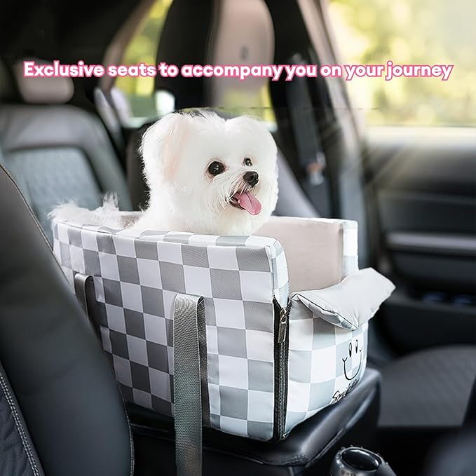 Center Console Dog Car Seat for Pets Up to 15 lbs, Detachable, Washable Cushion, Anti-Slip, Perdurable Oxford Fabric Dogs Cats Portable Travel Carrier, Safety Belt Leash (Grey Plaid, 45cm*25cm*22cm)