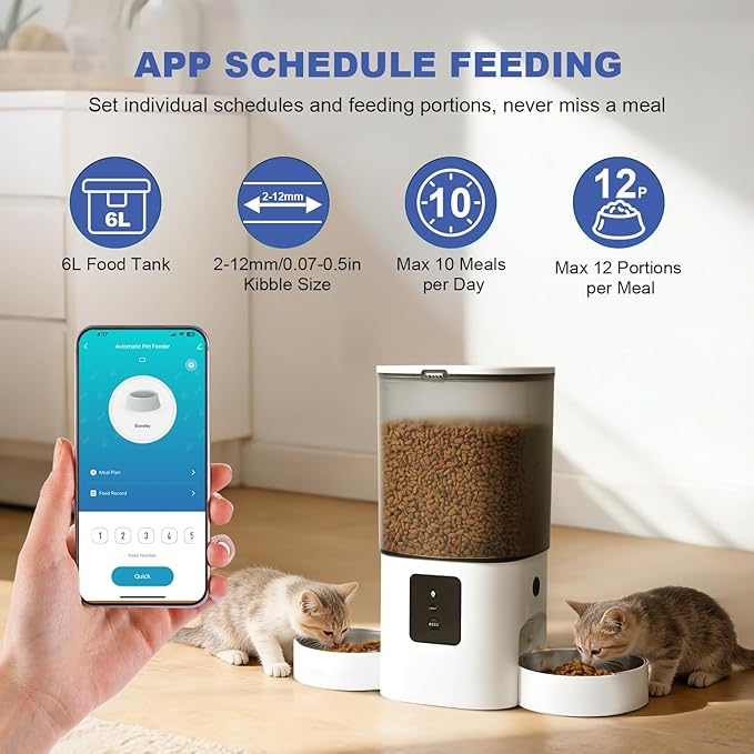 2.4G/5G WiFi Automatic Cat Feeder, 6L Food Dispenser with 10s Voice Recorder, Double Bowls Pet Feeder up to 10 Meals per Day, Timed Cat Feeder with Dry Food Sealed Ring