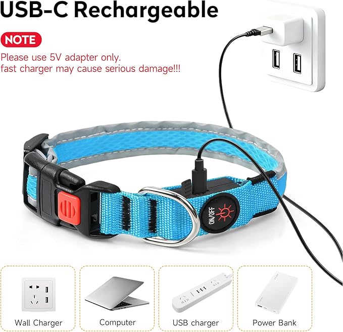 LED Dog Collar, Light Up Dog Collar USB Rechargeable, Nylon Adjustable Comfortable Soft Bright RGB 7 Colors Changeing Safety Light Glowing Collar for Medium and Large Dogs(Medium,Blue)