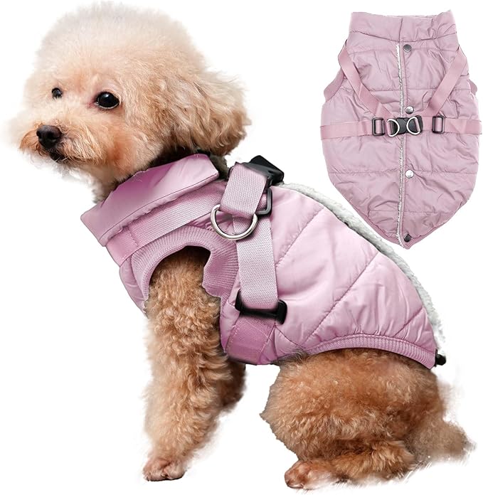 Dog Jacket with Harness,Fleece Lined Warm Puppy Coat for Winter,Soft Windproof Medium Dog Vest,Light Pink L