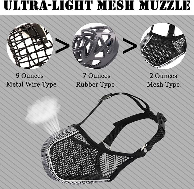 Mayerzon Dog Muzzle, Patented Mesh Soft Muzzles for Large Medium Small Dogs Poodle Husky Doberman Labrador Retriever for Scavenging Grooming Biting Chewing, Breathable Reflective Mussel with Collar