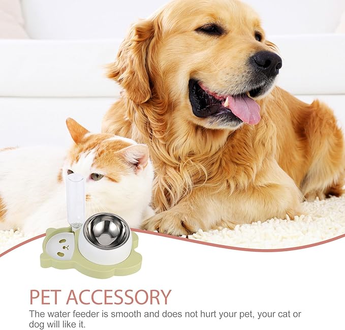 TOYANDONA Multi-Function Pet Feeder Bowl with Stainless Steel Cat Dog Food Holder and Automatic Water Dispenser, Splash-Resistant Green Bowl for Indoor Pets and Kittens