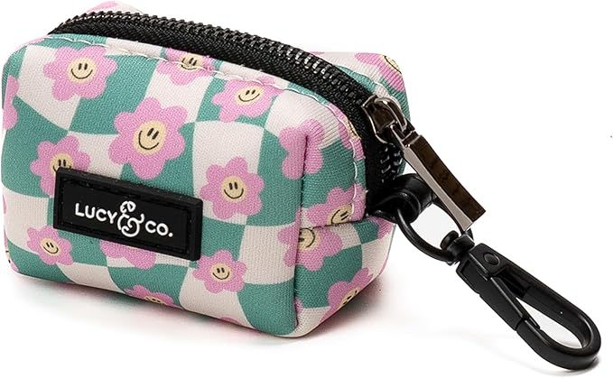 Lucy & Co. Dog Poop Bag Holder - Leak Proof Dispenser with Leash Attachment - Easy Refills - Hygienic Pet Poop Pickup - Green Pink Smiley