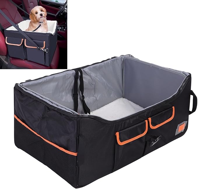 Dog Car Seat, Foldable Dog Booster Car Seat, Travel Dog Car Bed, Car Pet Seat with Mat and Adjustable Belt, Front Seat Dog Bed, Pet Car Carrier, Washable & Portable