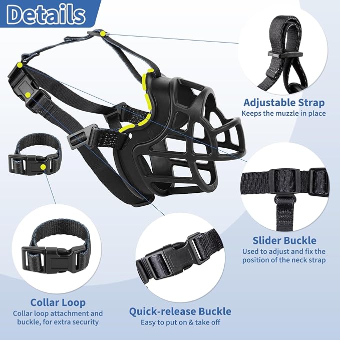 BARKLESS Dog Muzzle to Prevent Biting, Scavenging, Basket Muzzle for Large Medium Sized Dogs, Soft & Lightweight & Sturdy Mouth Cover with Removable Collar Loop for Training, Walking (Black, 3)