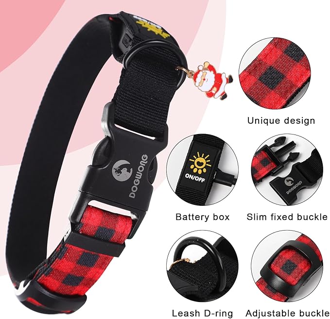 DOGWONG LED Dog Collar - Christmas Red Plaid Heavy Duty Light up Dog Collars - Rechargeable Waterproof - Lighted Dog Collars for Night Walking, Hiking, Camping(Red Plaid,M)