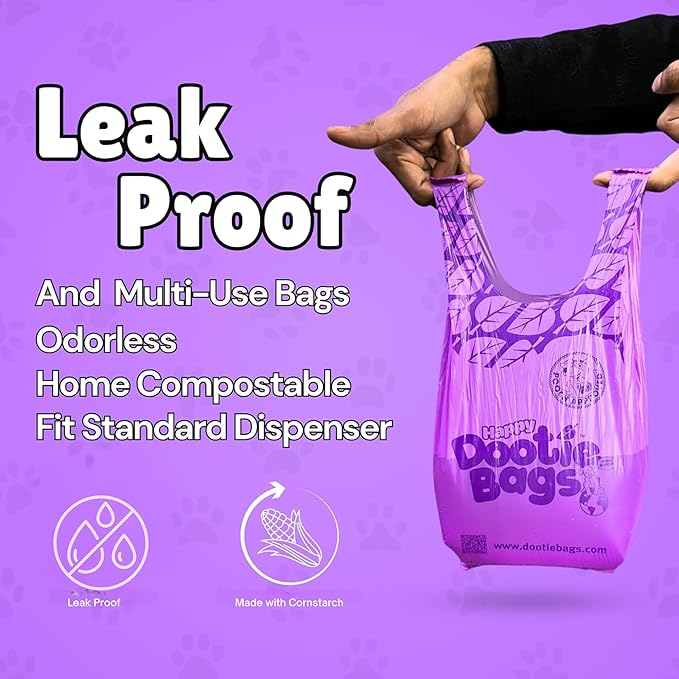 Happy Dootie Bags 10 Rolls.120 Bags with Handles. Clean, Quick and Convenient Pet Dog Poop Cleanup on Walks with Your Furry Friend. Made with Corn Starch. Strong and Leakproof. (Medium Size)