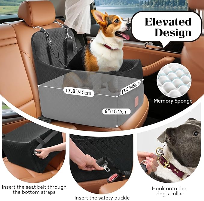 Dog Car Seat for Small/Medium Dogs Under 35lbs, Memory Foam Dog Booster Seats with Washable Removable Cover, Travel Portable Pet Car Seat with 2 Safety Belts and Storage Pockets (Black, Medium)