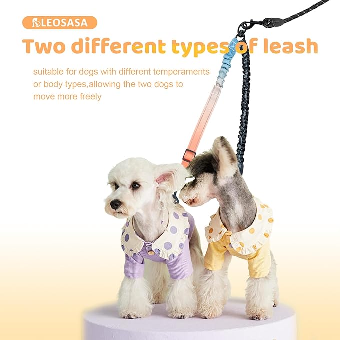 Double Dog Leash for Two Dogs - Gradient Color No Tangle Swivel Dog Coupler with Heavy Duty Clip, Size Adjustable Bungee Leash Attachment for Small, Medium, Large 2 Dogs, Style 2