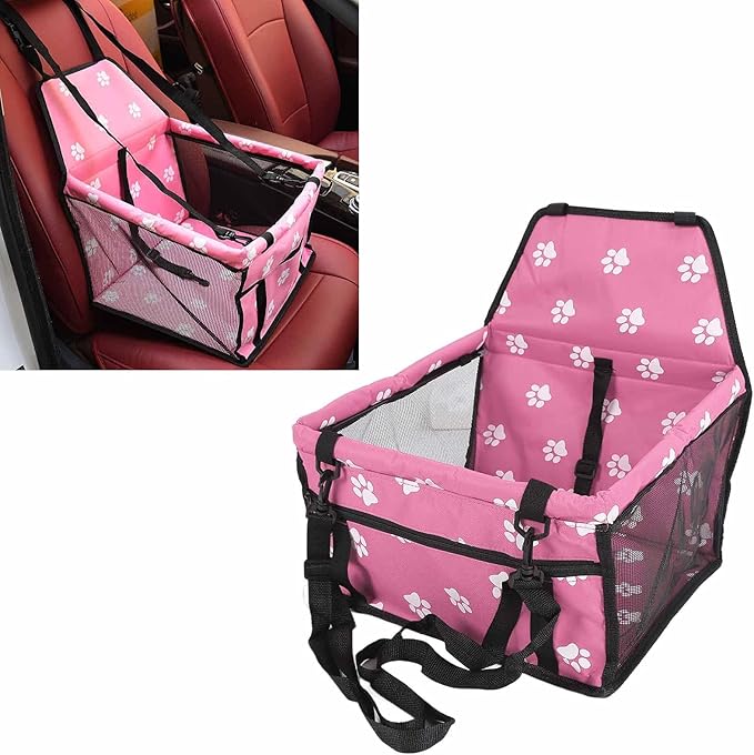 Small Dog Car Seats, Portable Puppy Dog Car Carrier, Folding Pet Car High Back Booster Seats with Adaptable Straps for Small Pets(44cm-Rose)