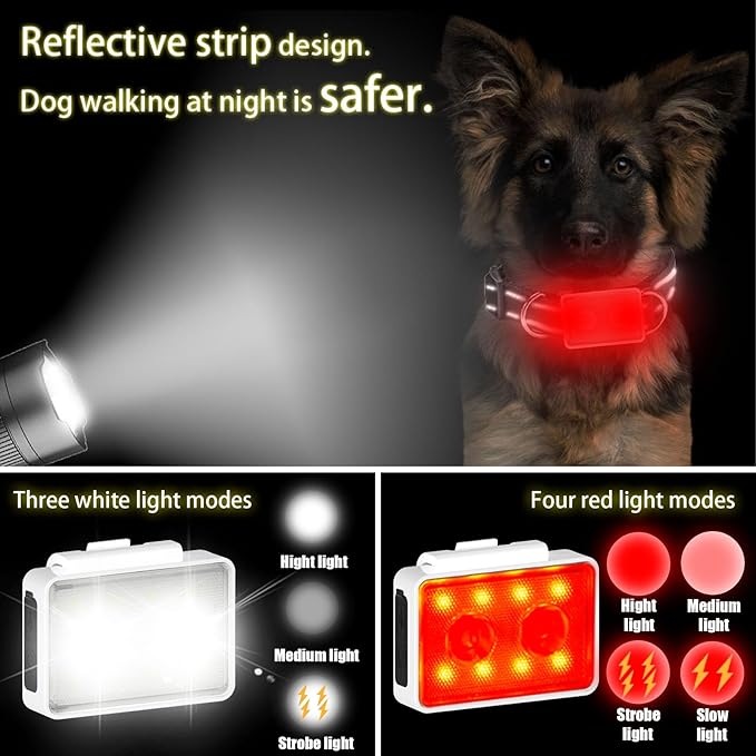 Rechargeable Dog Collar Lights, SUPPENGUIN 3+4 Modes Dog Lights Clip on for Night Walking, Night time, Portable, IP44 Waterproof (White, 2 Pack)