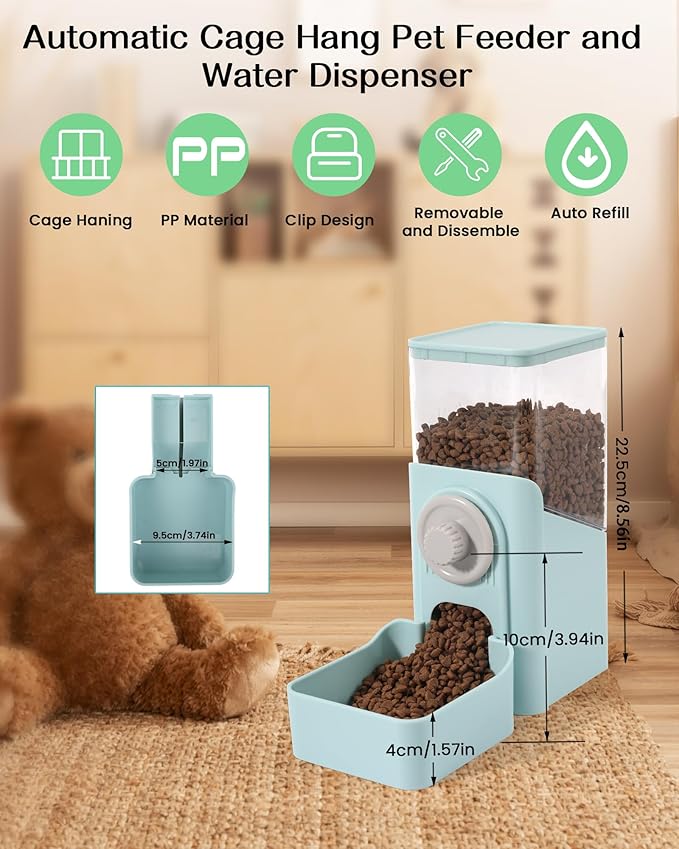 Hanging Automatic Pet Food Dispenser, Auto Gravity Rabbit Ferret Bunny Hedgehog Feeder Dispenser, Cat Dog Food Bowl for Cage Hanging (Light Blue)