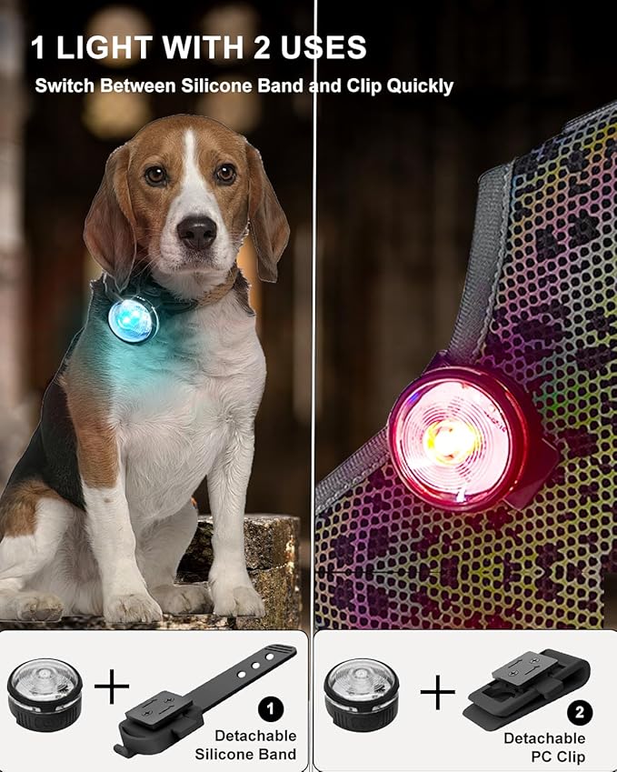 Tubasion XL 2-Uses Dog Collar Light Rechargeable, 8 Modes LED Safety Light Clip On for Dog Raincoat/Jacket, IPX7 Waterproof Dog Lights for Night Walking, Running, Camping, Cycling