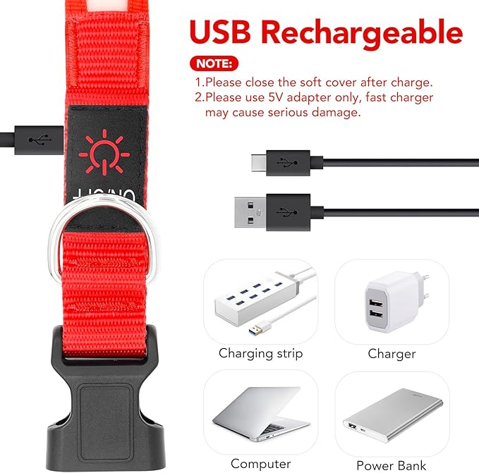 Vizpet LED Dog Collar, Light Up Dog Collar Adjustable USB Rechargeable Super Bright Safety Light Glowing Collars for Dogs(Small,Red)