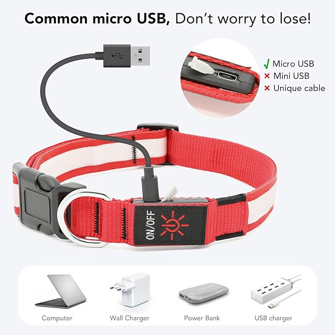 LED Light Up Dog Collars Micro USB Rechargeable Waterproof, Full Adjustable Lighted Glow Dark Dog Collar Light for Night Walking for Small Medium Large Dogs, Red