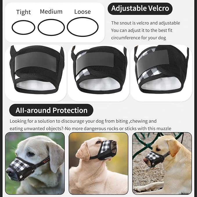 HEELE Dog Muzzle,Soft Nylon Muzzle Anti Biting Barking Chewing,Air Mesh Breathable Drinkable Adjustable Loop Pets Muzzle for Small Medium Large Dogs 4 Colors 4 Sizes (P-Black White Plaid, M)