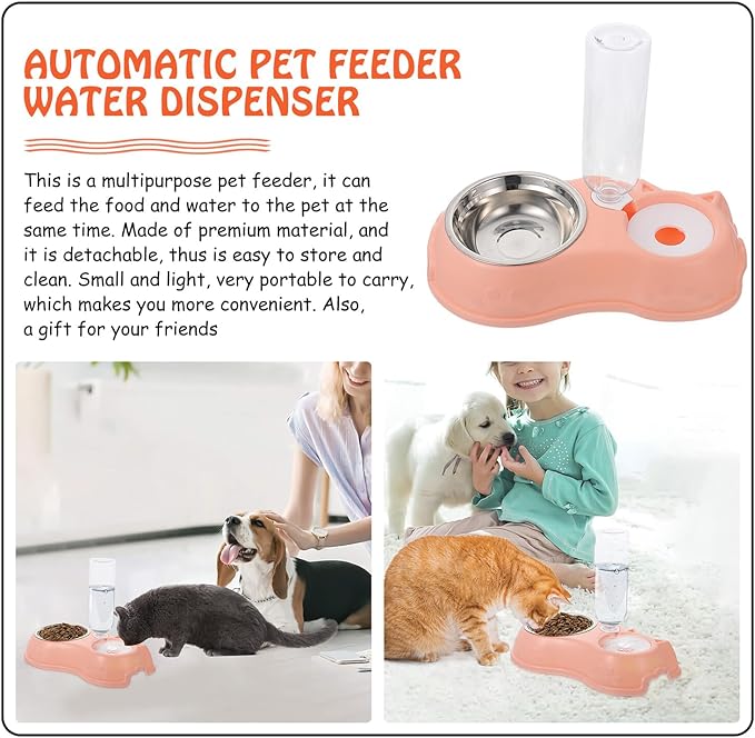 DOITOOL Automatic Pet Feeder and Water Dispenser Double Bowl, Detachable Food and Water Station for Cats and Dogs, Pink, Suitable for Indoor Use