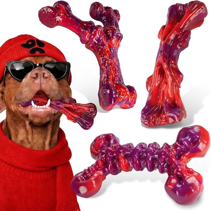 Indestructible Dog Toys for Aggressive Chewers 3-Pack: Tough Nylon Chew Toys for Medium & Large Dogs 25–80 lbs, Beef Flavor, Heavy-Duty Dog Chew Bone, Holiday Dog Gift (Red)