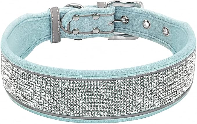 Crystal Reflective Dog Collar Gilter Rhinestone Dog Soft Collars with Buckle Dimond Pet Puppy Collars for Small Medium Large Dog Blue L