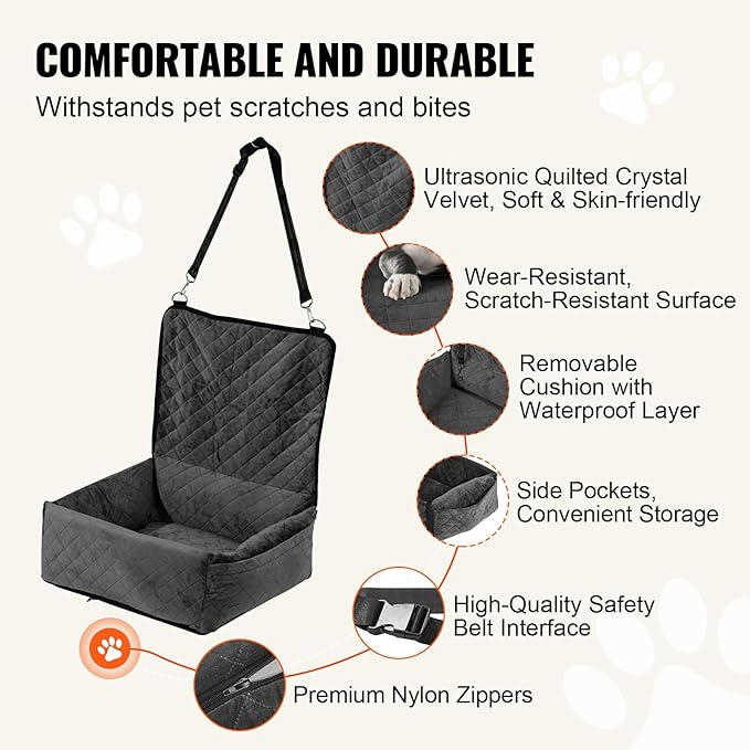 Happybuy Dog Car Seat, Dog Booster Seat for Car with A Storage Pocket, Clip-On Safety Leash, Sponge and PP Cotton Filling, Dog Car Bed for Small & Medium Dog up to 40lbs, Black
