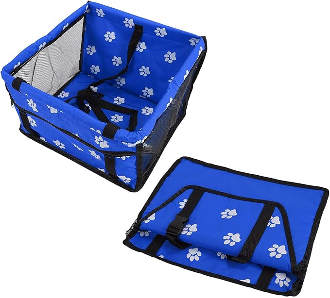 Pet Carrier Cage Dog Car Seat Bear Pattern Washable Foldable Pet Safety Travel Seat with Support Rod for Cars Oxford Cloth Material (Blue paw Print Support Stick Style)