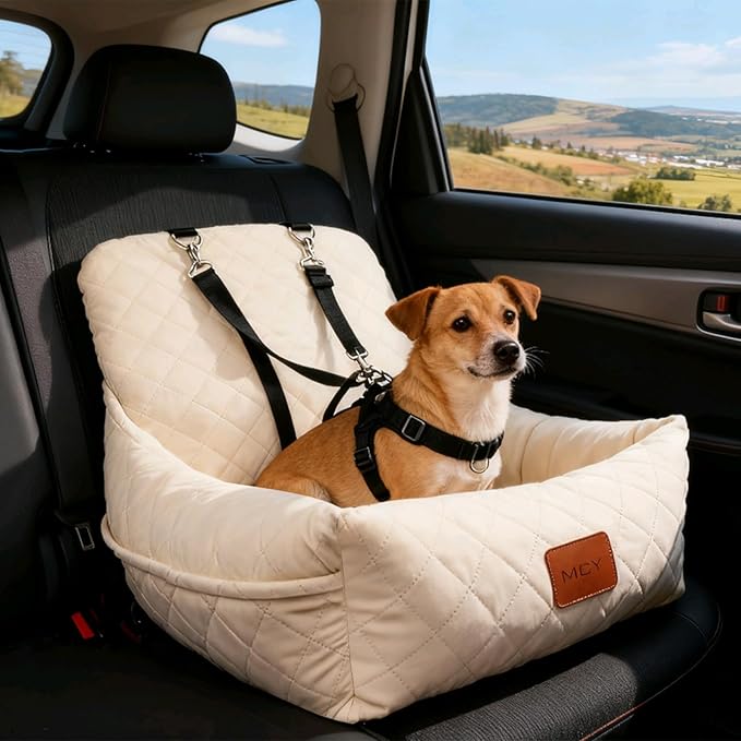Dog Car Seat for Small Dogs, Fully Detachable and Washable Pet Booster Car Seats, Pet Travel Home Bed Ultra Soft Fabric, Adjustable Straps,Easy to Install, Beige