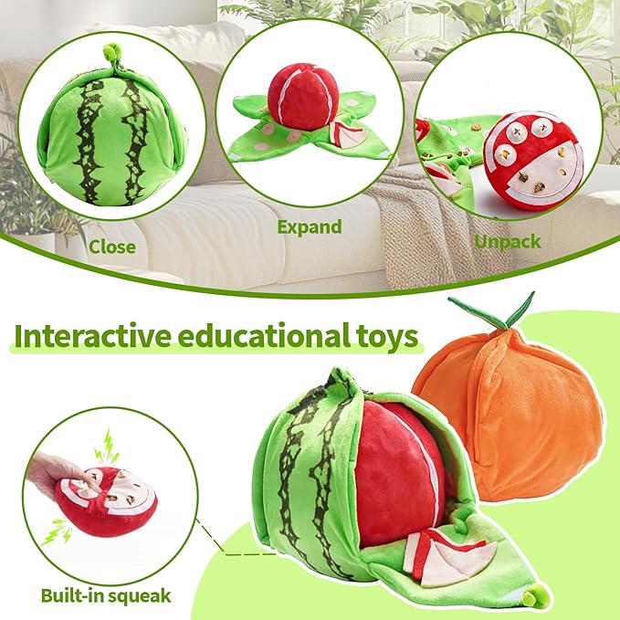 Orange Hide and Seek Plush Dog Toy, Squeakers and Crinkle Paper, Watermelon Puzzle Feeder for Small Medium Dogs, Boredom Relief & Training Aid (Orange)