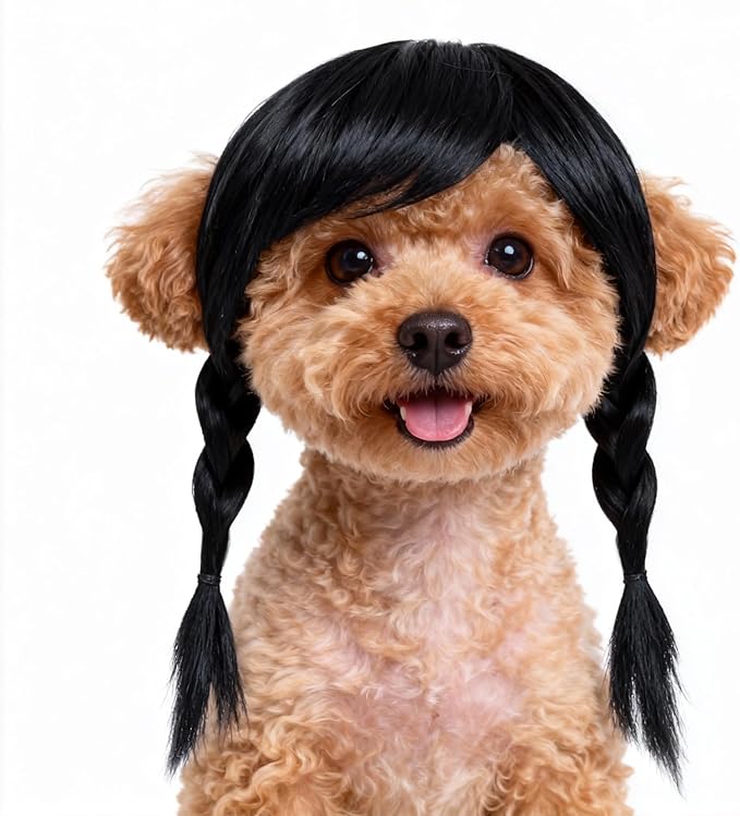Funny Black Double Ponytail Dog Wig with Adjustable Strap - Pet Cosplay Accessory for Dog & Cat, Halloween, Christmas, Parties, Festivals & Gag Dress Up - Fits Small Medium Large Dogs