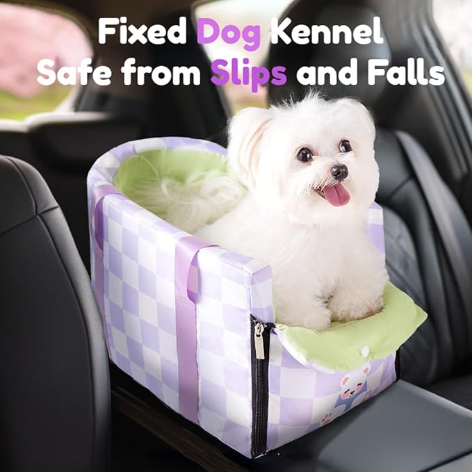 Center Console Dog Car Seat for Pets Up to 15 lbs, Detachable, Washable Cushion, Anti-Slip, Perdurable Oxford Fabric Dogs Cats Portable Travel Carrier, Safety Belt Leash (Purple Plaid, 45cm*25cm*22cm)