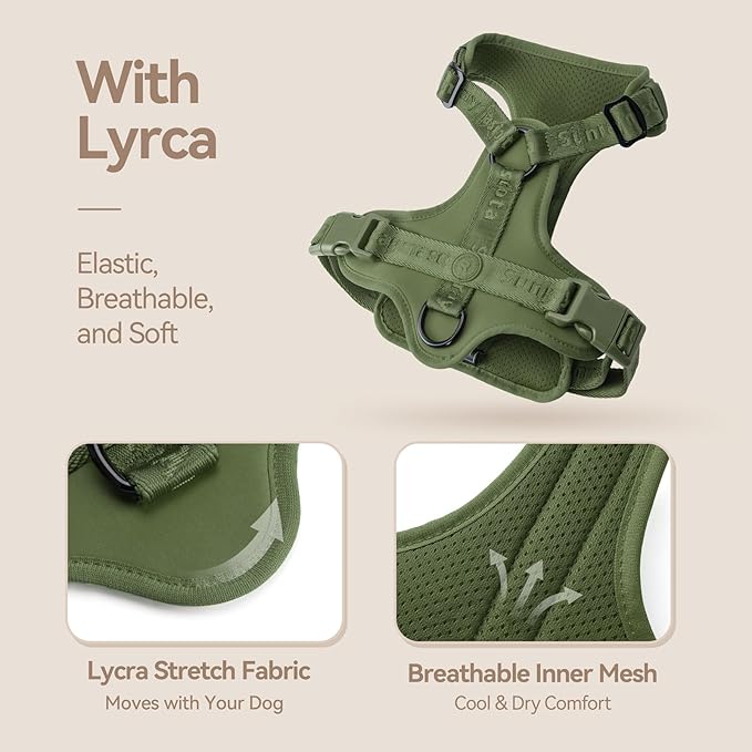 No Pull Dog Harness with Lycra, Three-Point Force Dispersion & 3D Padding, Adjustable Breathable Mesh for Small Medium Large Dogs(Misty Green,L)