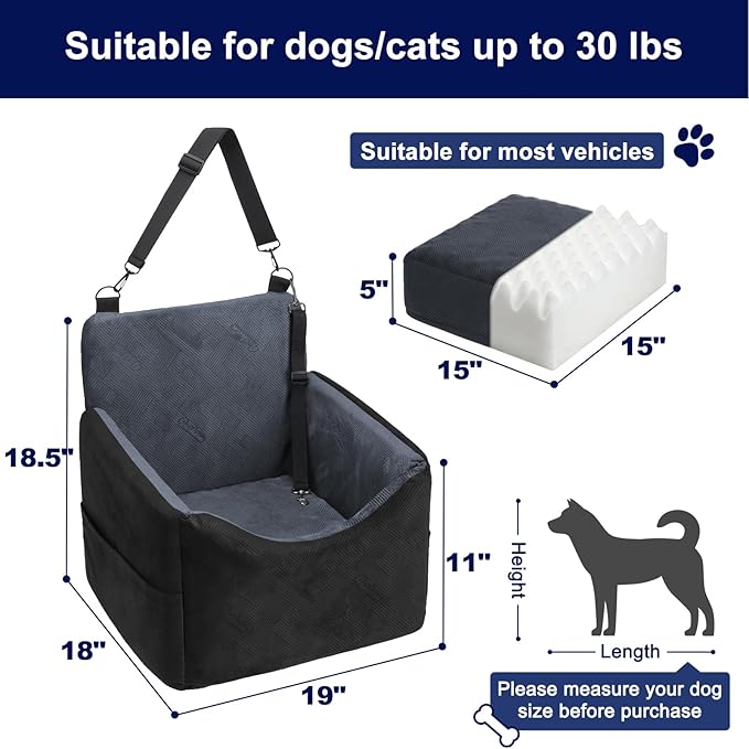 Dog Booster Car Seat for Small/Medium Dogs, Washable Dog Seats with Detachable Cover, Memory Foam Portable Pet Car Seat, Safety Belts, Storage Pockets, up to 30 lbs, Medium(Black)