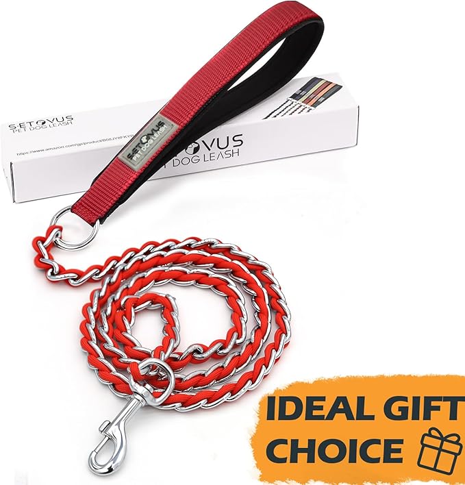 Dog Leash Chew Proof, Chain Leash Anti Chew Dog Leash for Large Dogs Heavy Duty, Indestructible Metal Leash Anti Bite Chain Link with Woven Cord Soft Padded Handle (Red, 4FT)