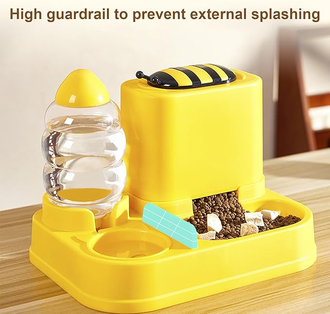 Mangeoirs Et Abreuvoirs Pour Chats, 2 in 1 Bee/Cactus Pets Water and Food Bowl Set, Gamelle Chat, Large Capacity Automatic Cat Feeders Gravity Food Feeder and Waterer Set for Dogs Cats (Yellow)