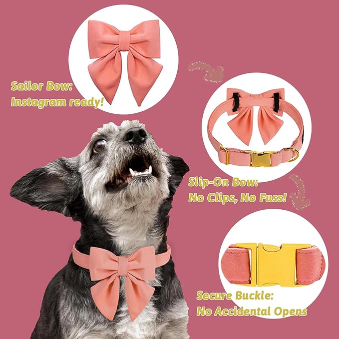 Maca Bates Candy Pink Dog Collar with Cute Solid Sailor Bow Tie for Extra Small Girl Boy Dogs,Girly Adjustbale Durable Breakaway Soft Collars with Bowtie for Female Male Puppy,Pet with Metal Buckle