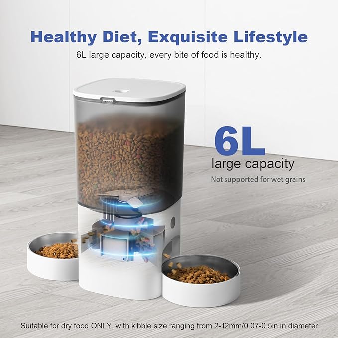 2.4G/5G WiFi Automatic Cat Feeder, 6L Food Dispenser with 10s Voice Recorder, Double Bowls Pet Feeder up to 10 Meals per Day, Timed Cat Feeder with Dry Food Sealed Ring