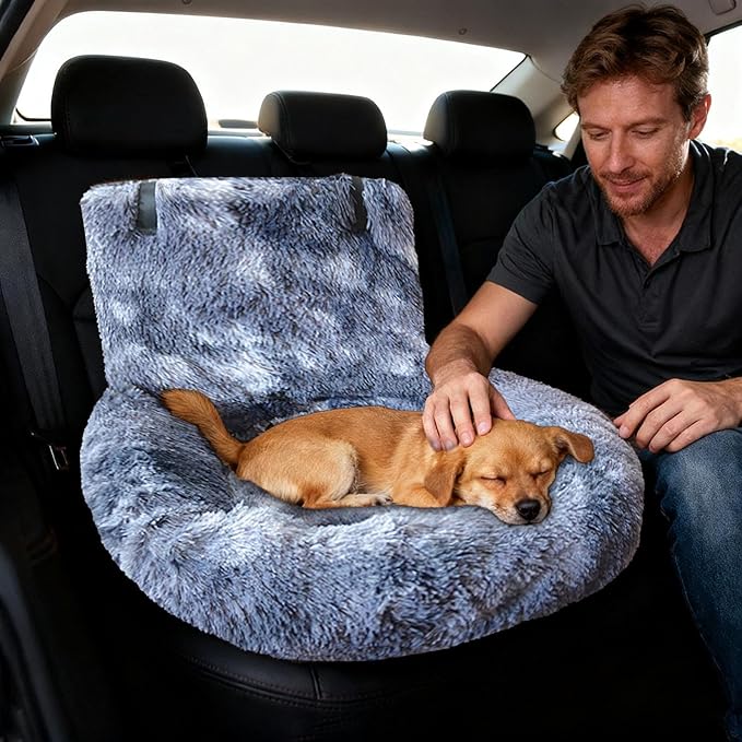Dog Car Seat Bed, Fluffy Pet Travel Seat, Removable Washable Cushion, Non-Slip Bottom, Protects Car from Dirt/Scratches, Suitable for Small, Medium Dogs/Cats & All Vehicles (Blue)
